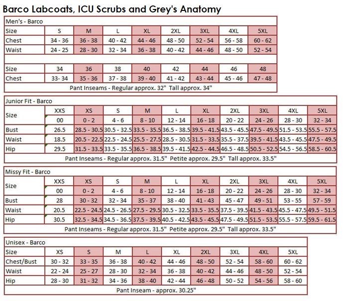 Barco Grey S Anatomy Scrubs Size Chart