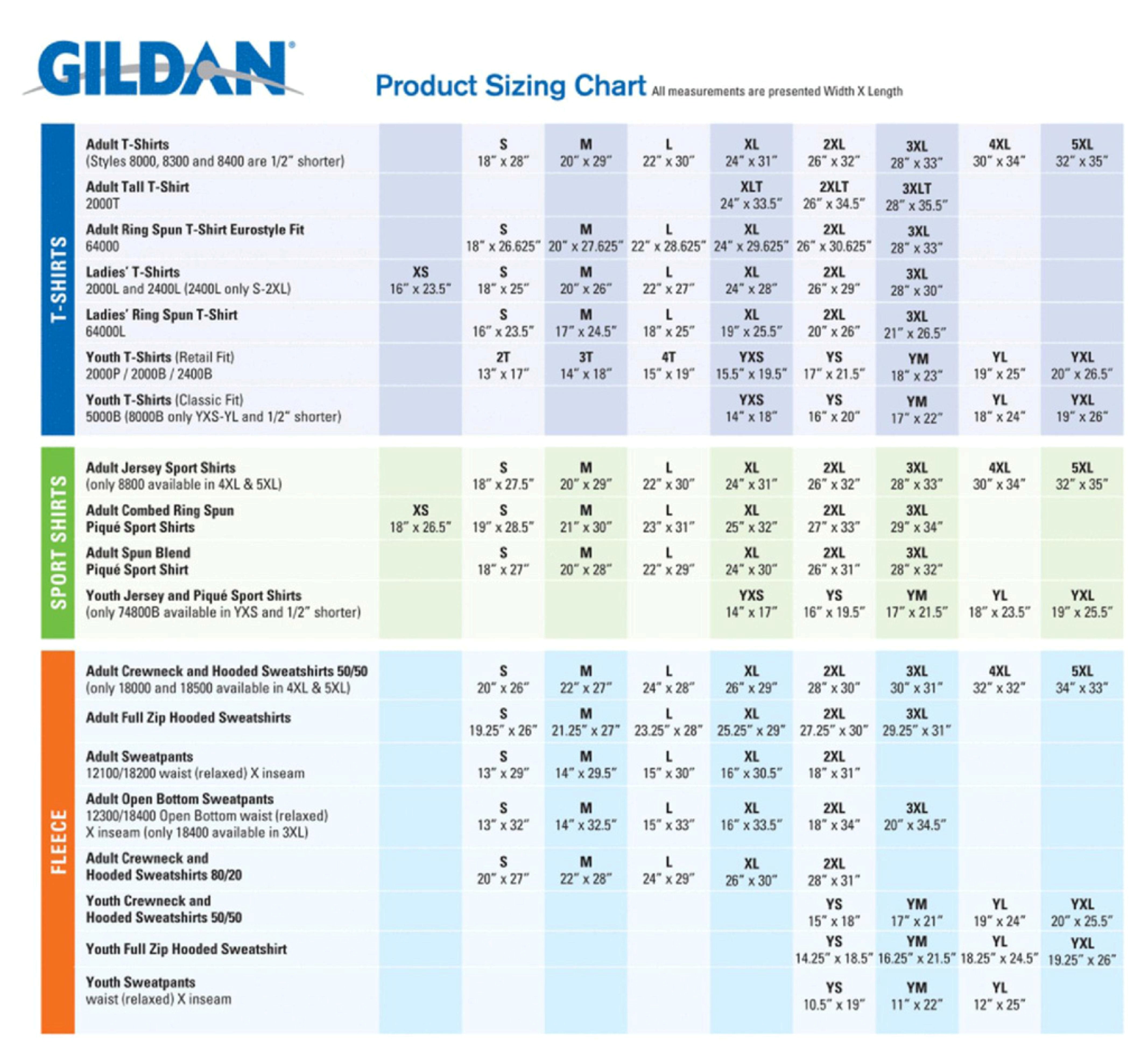 Gildan Ultra Blend Size Chart